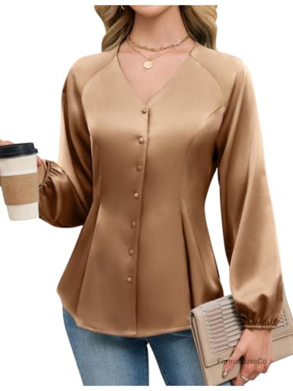 Satin Silk Peplum Blouse Button Down Long Sleeve Work Top